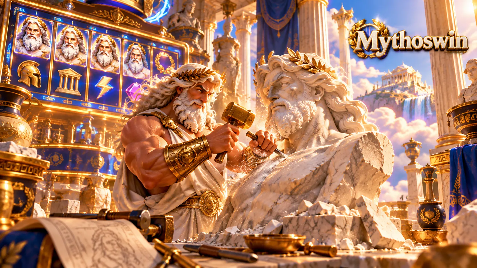 Zeus sculpting his own marble statue in the Mythoswin workshop
