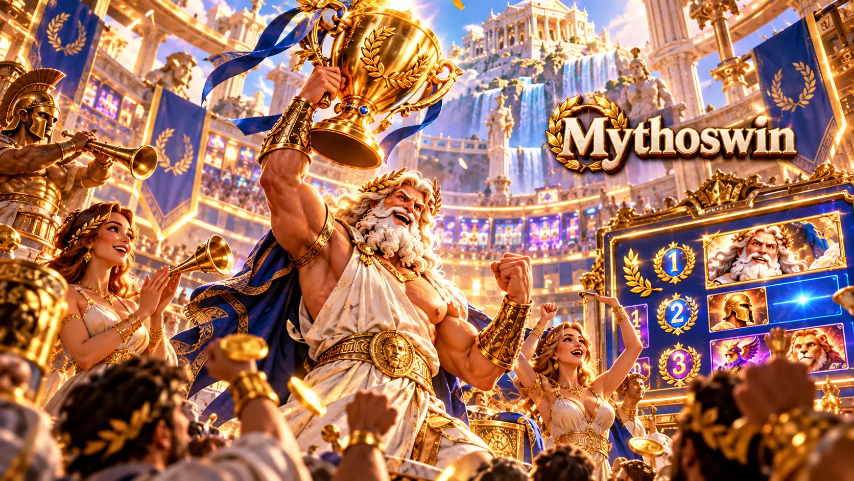 Zeus raising a golden trophy before a cheering crowd