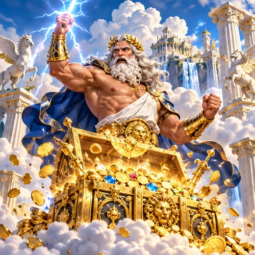 Zeus opening a treasure chest of Mythoswin gold